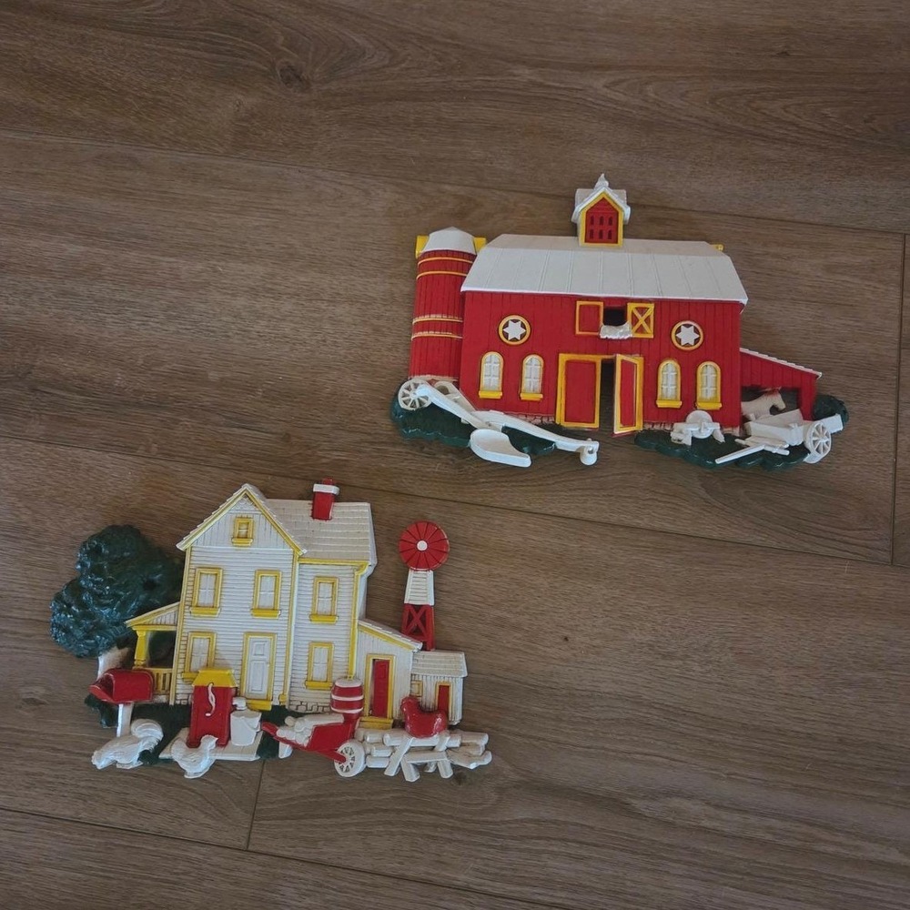 Vintage Homco Wall Decor Farmhouse Barn House Country Scene MCM Set of 2